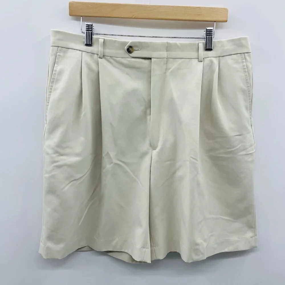 Berle Mens Size 36 Soft Microfiber Pleated Front Dress Shorts in Khaki Beige $90